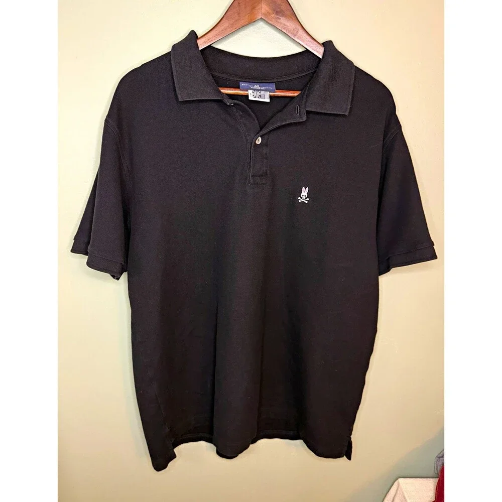 Psycho Bunny Men's Solid Black Short Sleeve Collared Button Polo Shirt L